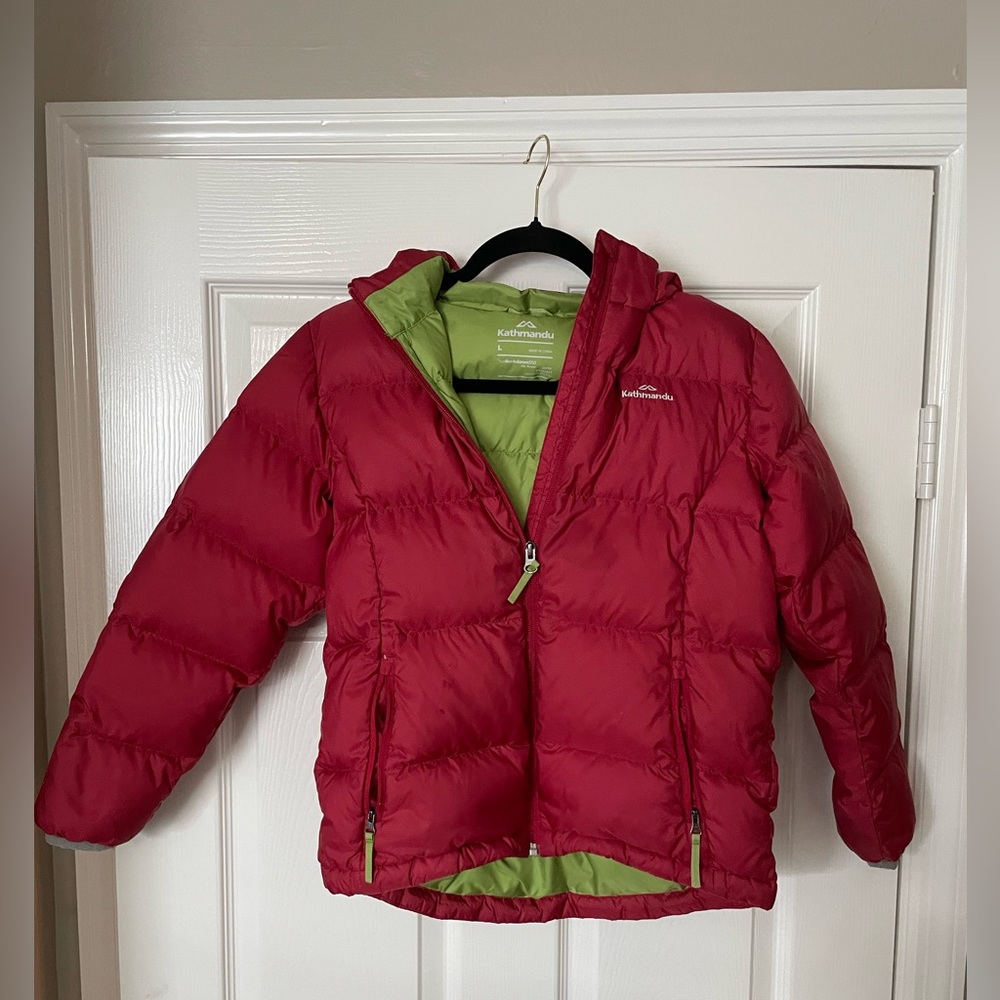 Kathmandu Kids 550 Loft Duck Down Puffer Jacket in Red w/Green Size Large w/Hood